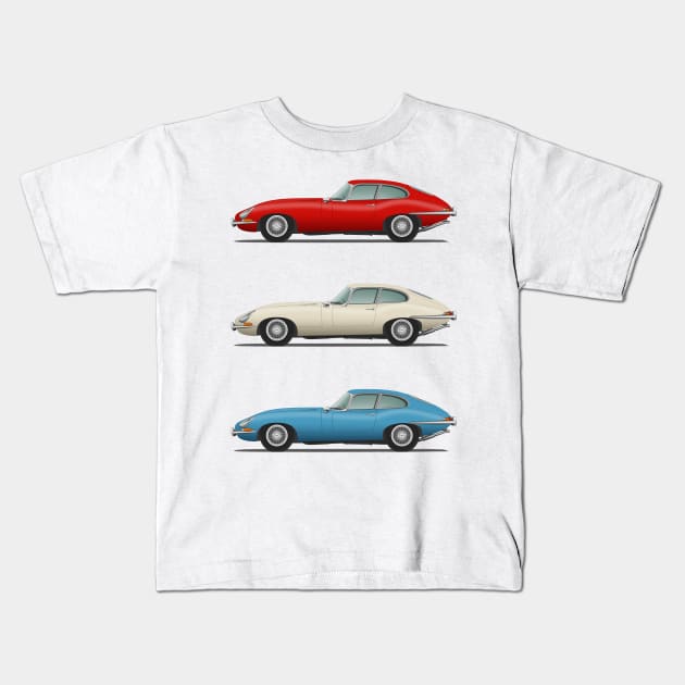 Jaguar E Type Fixed Head Coupe Red White And Blue Kids T-Shirt by SteveHClark